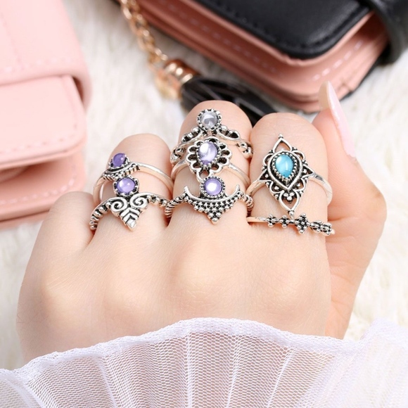 🌺 7PC: CELTIC RINGS PURPLE BLUE MIDI BOHO BOHEMIAN BUNDLE SET LOT INDIA GEM - Picture 4 of 7